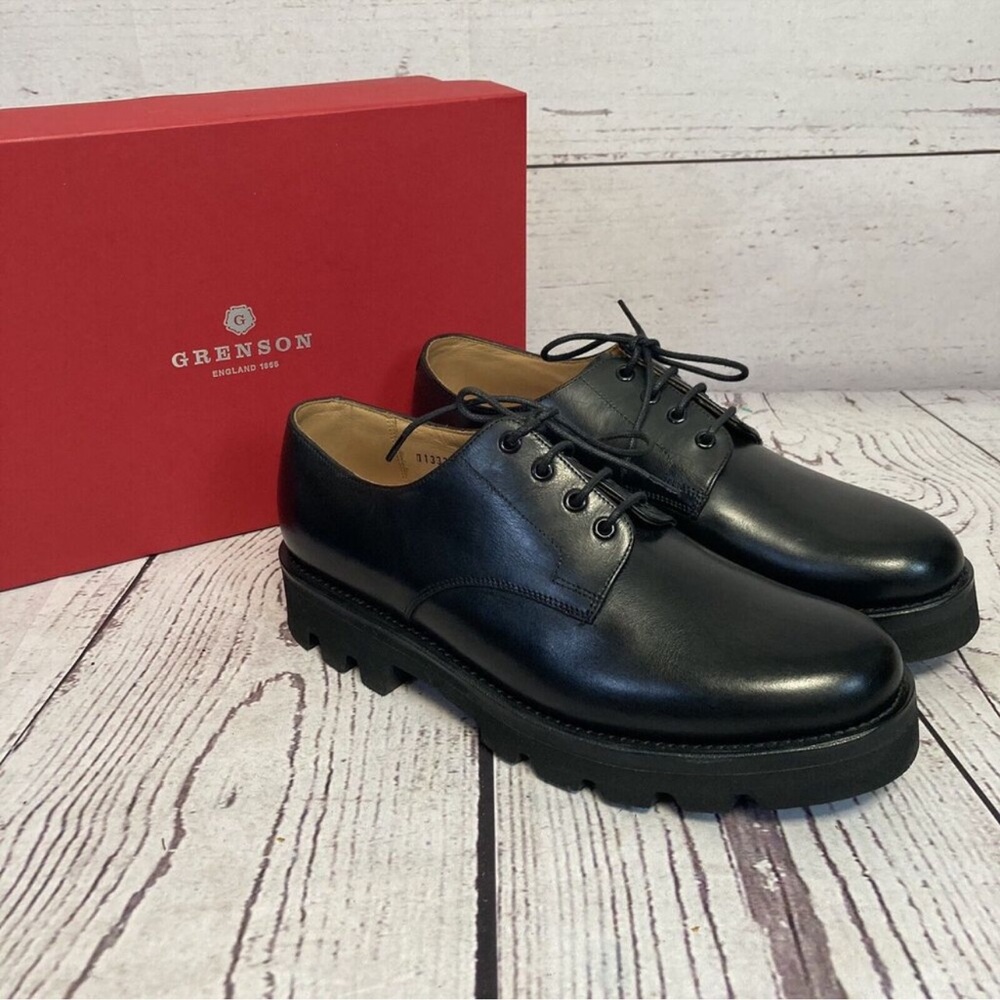 Grenson Shoes Mens 11 Black Leather Lace Up Derby Chunky Heel Office Round Toe